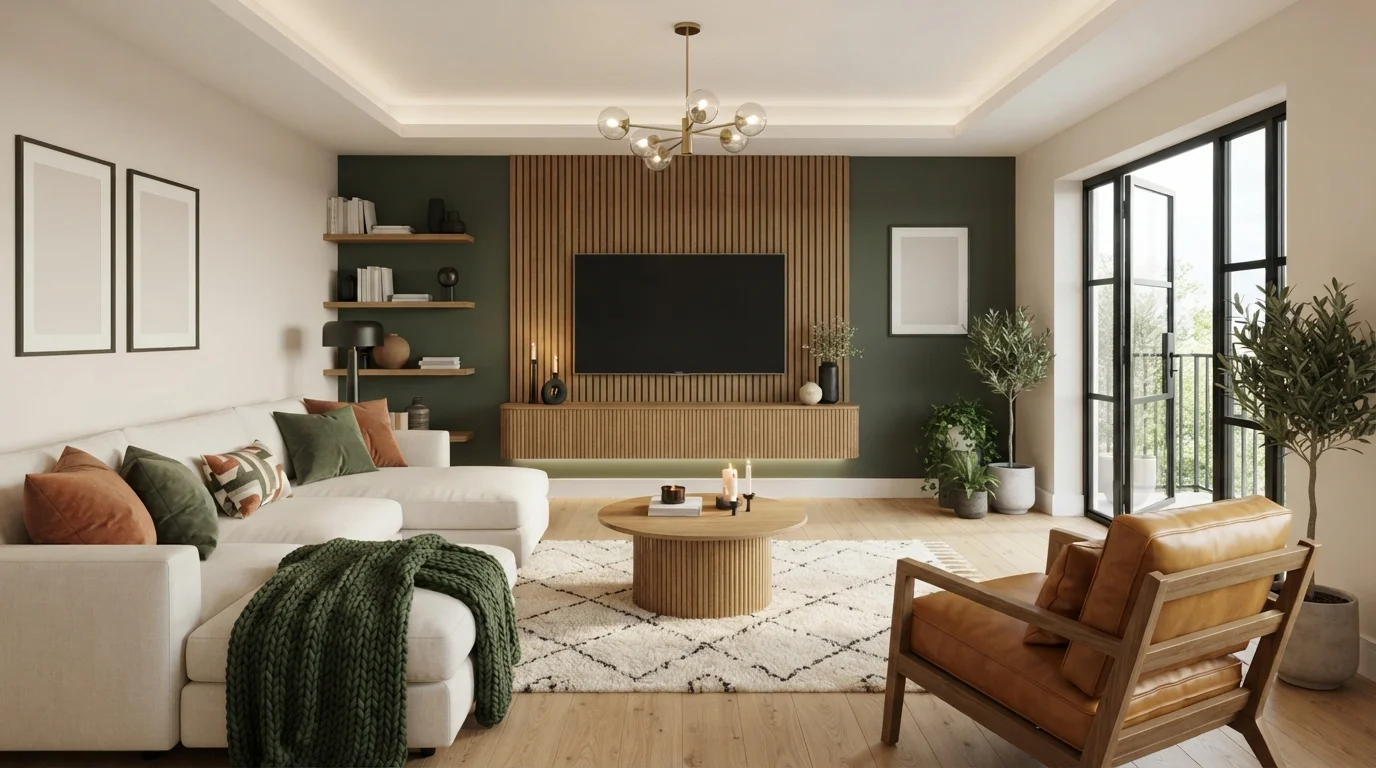 Warm Olive Glow — green family room painted in Courtyard