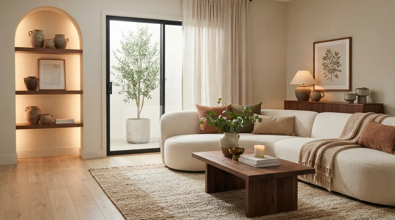 Earthy Bouclé Retreat — neutral family room painted in Earthling