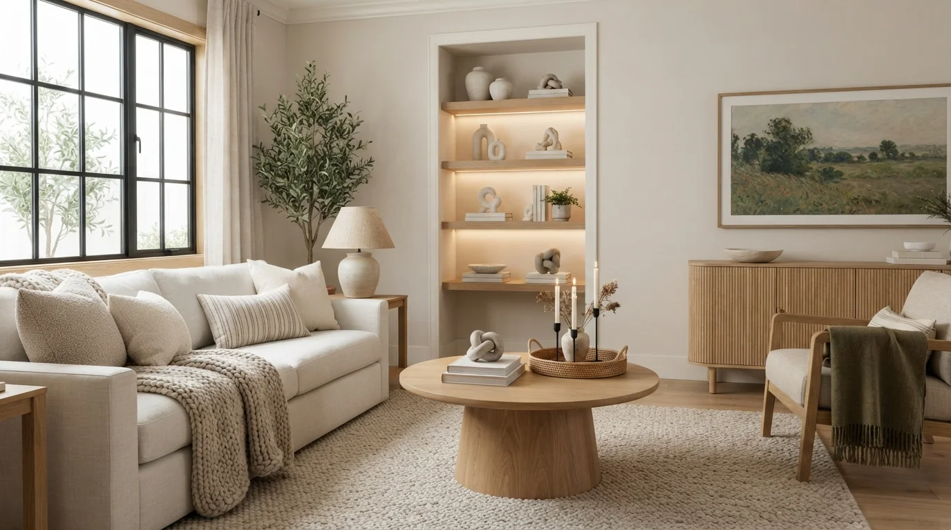 Warm Linen Haven — neutral family room painted in Adobe Sand