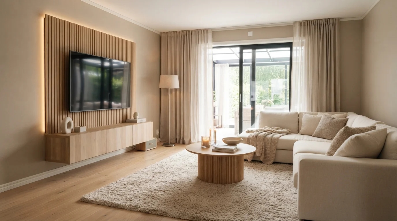 Warm Japandi Sanctuary — neutral family room painted in Umber Style