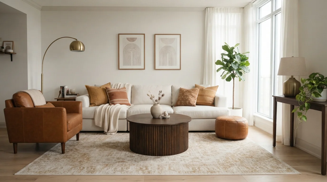 Warm Earthy Modern — neutral family room painted in Windfresh White