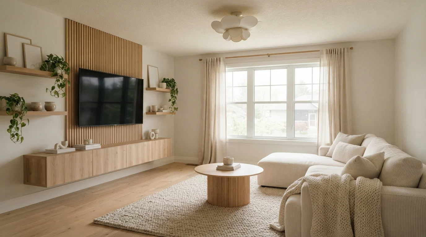 Warm Oatmeal Calm — neutral family room painted in Polished