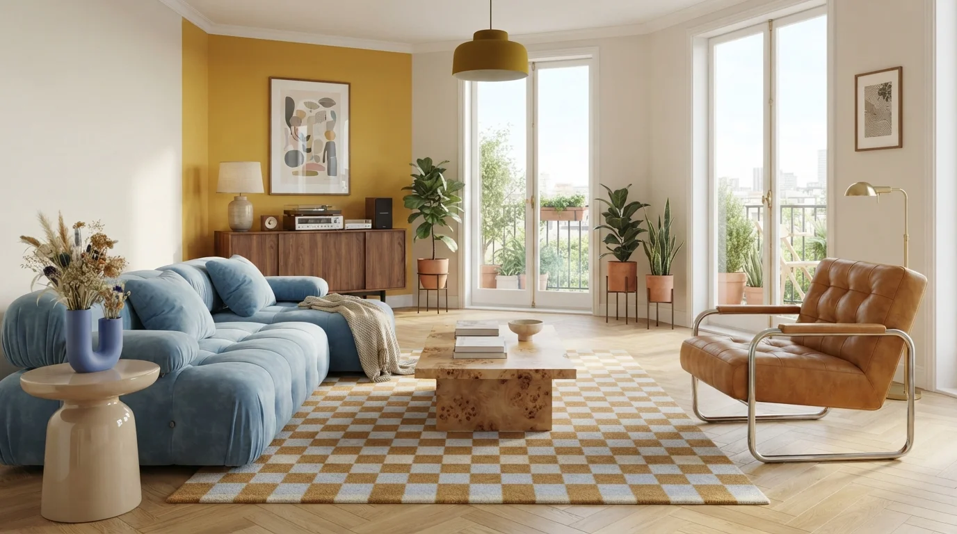 Sunlit Retro Chic — neutral family room painted in Cozy White
