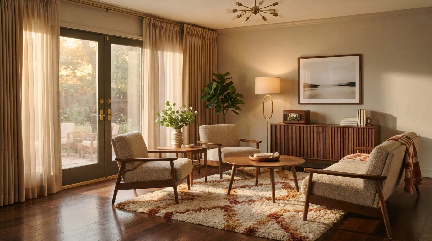 Mid-Century Golden Glow — neutral family room painted in Oyster Shoal