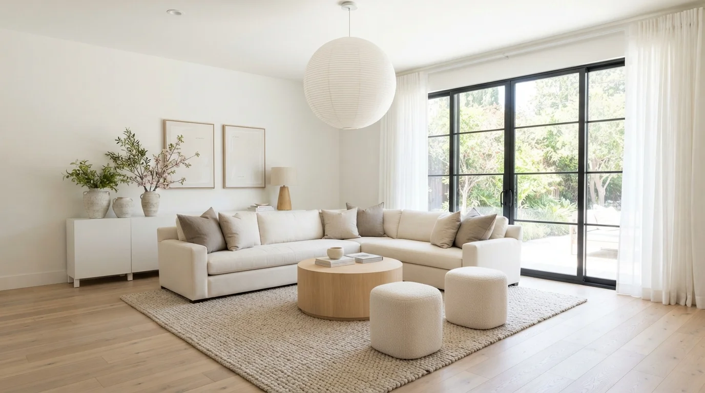 Organic Linen Serenity — white family room painted in Nano White