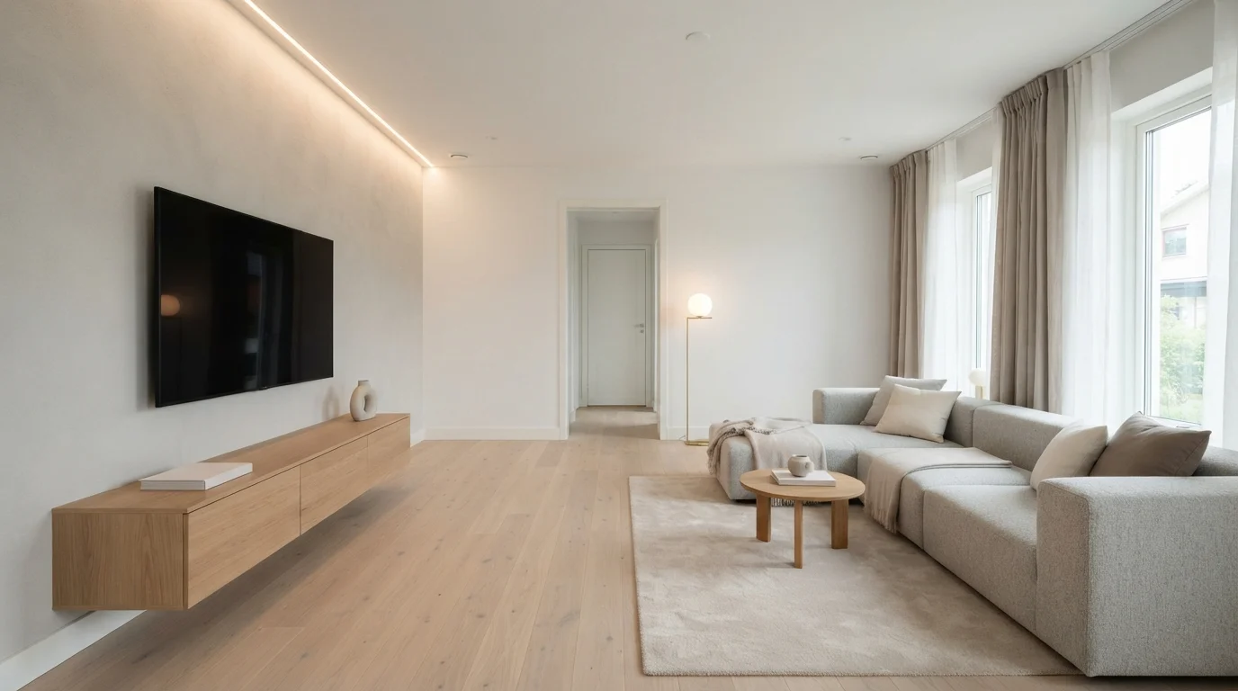 Serene Warm Minimalist — white family room painted in Quartz Stone