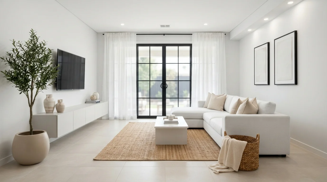 Crisp Serene White — white family room painted in Architectural White