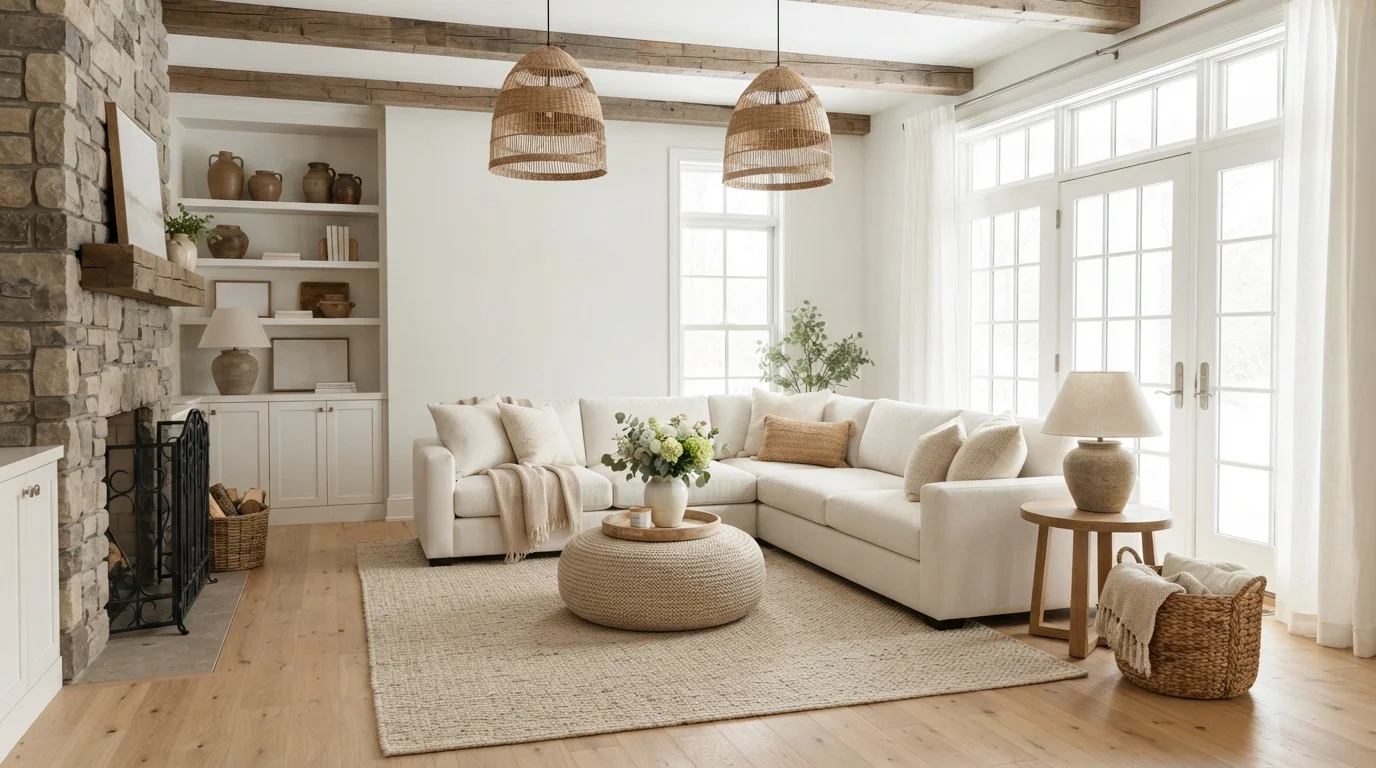 Warm Linen Serenity — white family room painted in Villa White
