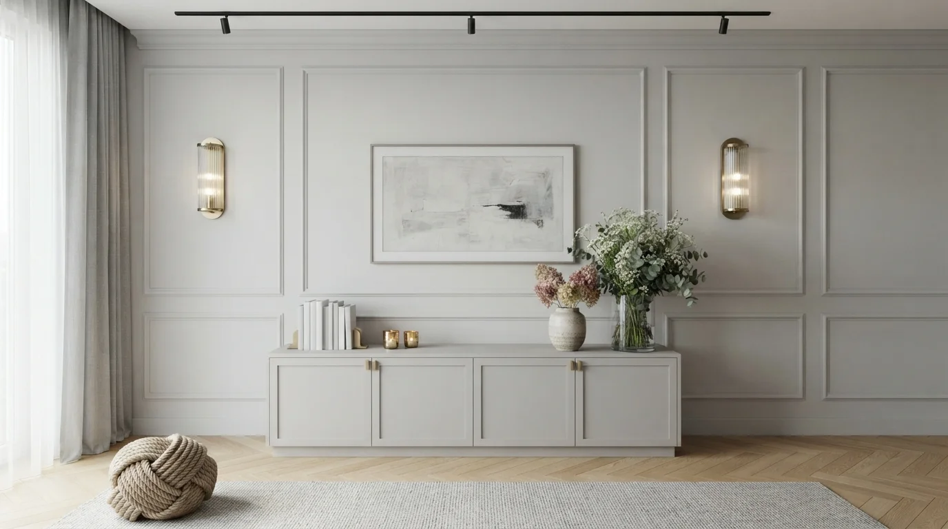 Quiet Greige Grace — white family room painted in Modern Gray
