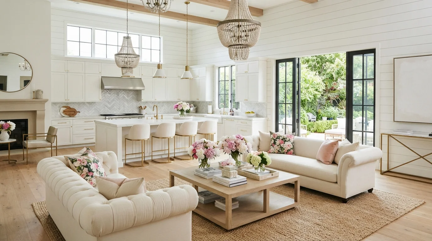Romantic Garden Chic — white family room painted in Droplets