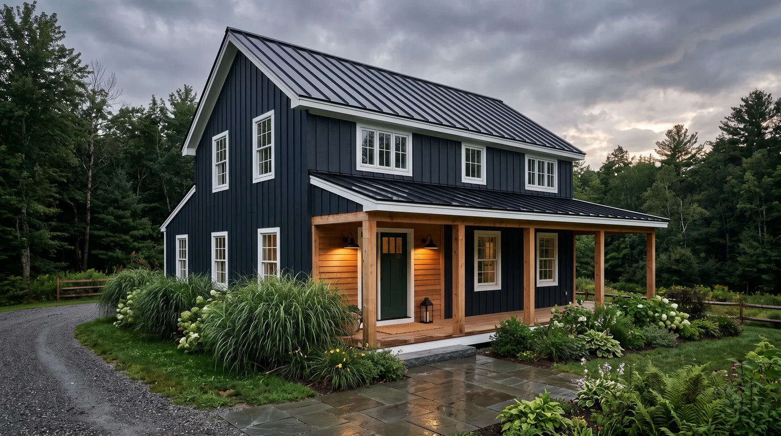 Moody Dark Farmhouse — farmhouse exterior painted in Railings