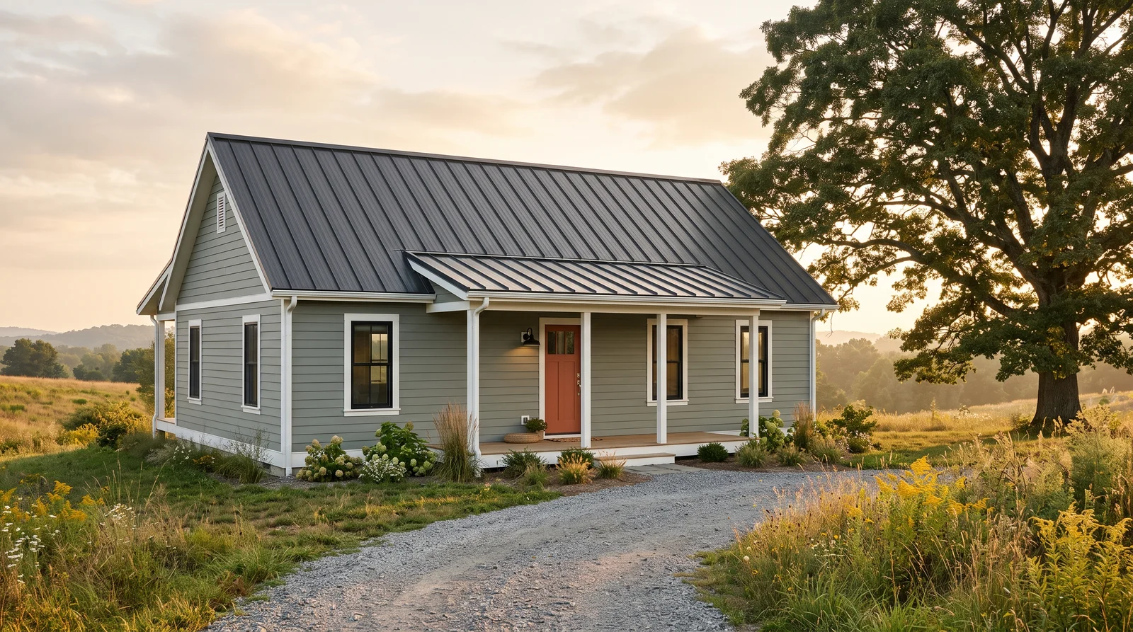 Sage Farmhouse With A Clay Door — farmhouse exterior painted in Evergreen Fog