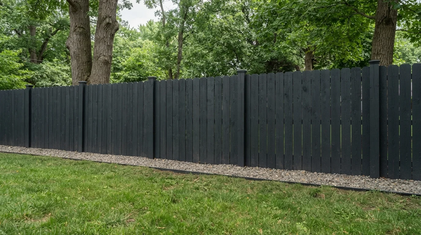 Charcoal Fence Drama — black fence painted in Deep Space Echo