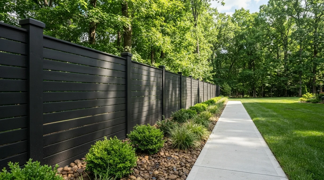 Modern Charcoal Slat Fence — black fence painted in Factory Black
