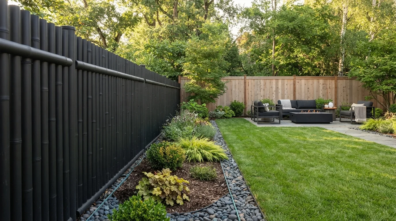 Modern Charcoal Garden — black fence painted in Dark Kettle Black