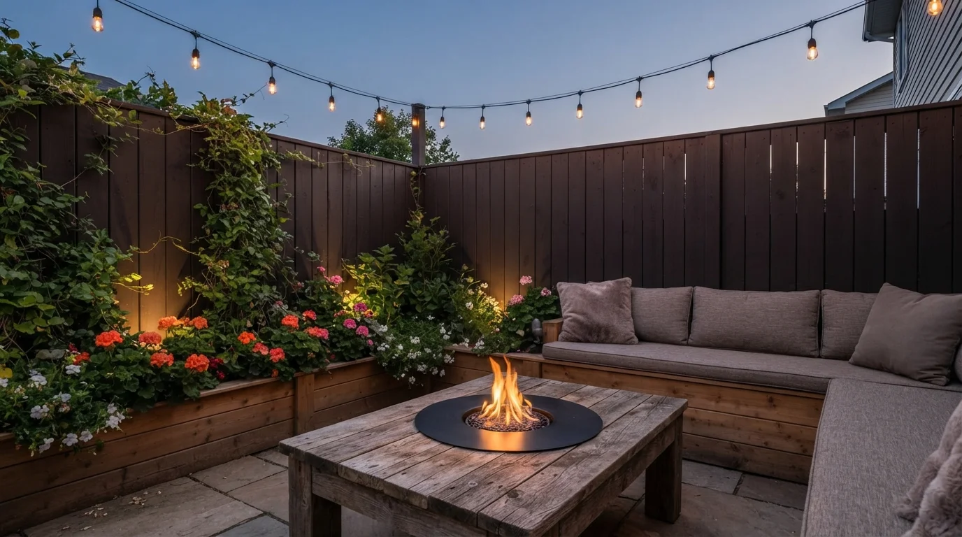 Rustic Twilight Patio — brown fence painted in Wenge