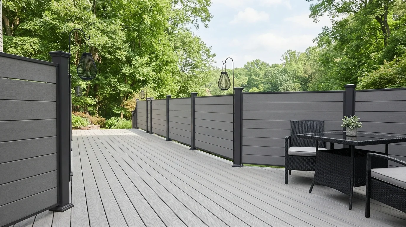 Slate Horizon Deck — gray fence painted in Nuts and Bolts