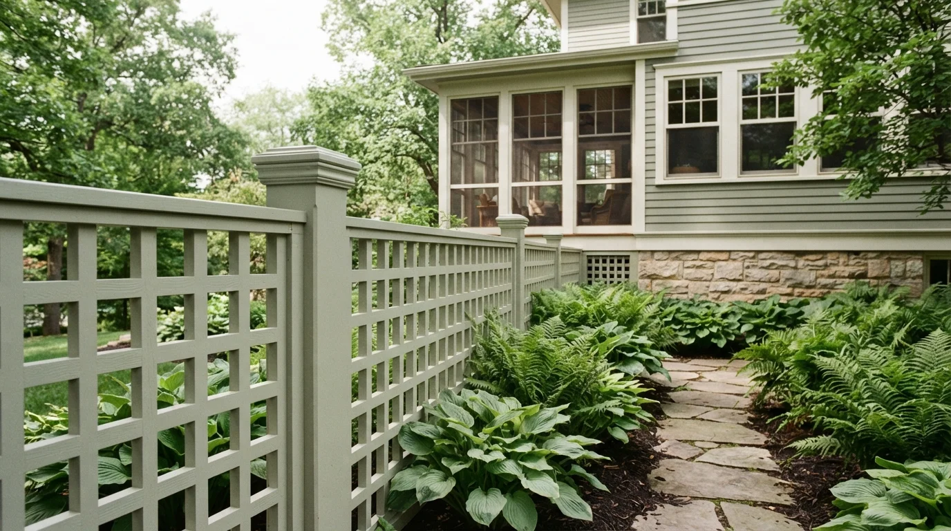 Sage Garden Lattice — green fence painted in Isle of Dreams