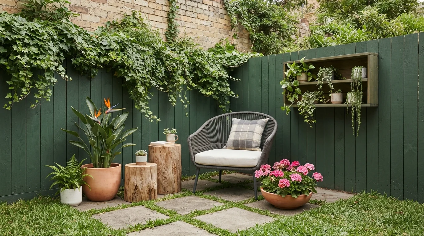 Secret Garden Patio — green fence painted in Wilderness