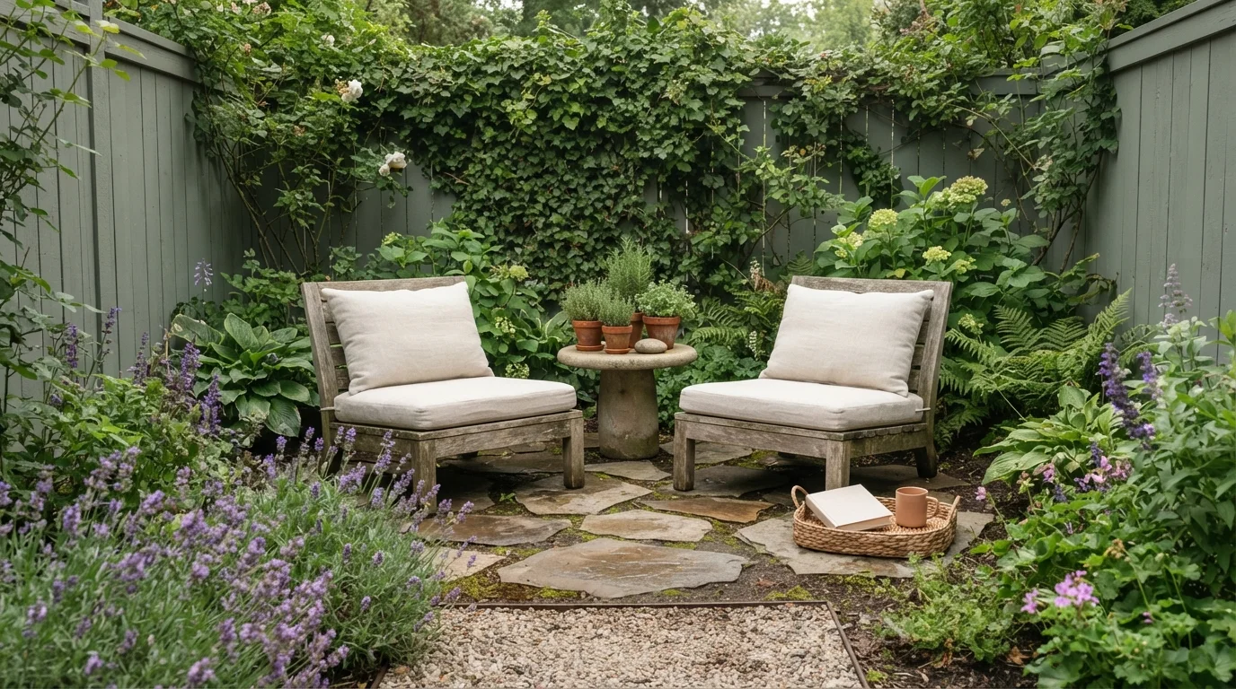 Sage Garden Nook — green fence painted in Garden Oasis