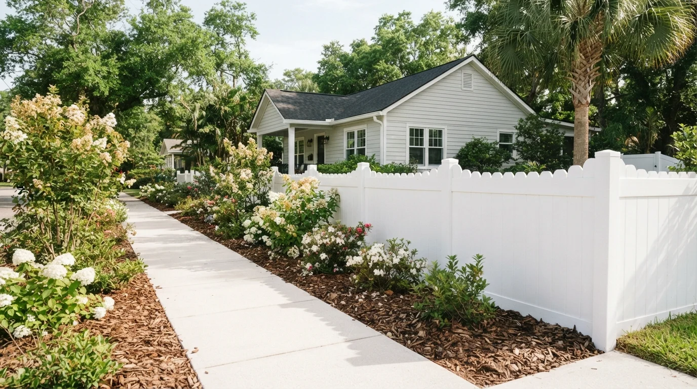 Sunny Picket Charm — white fence painted in Linen White