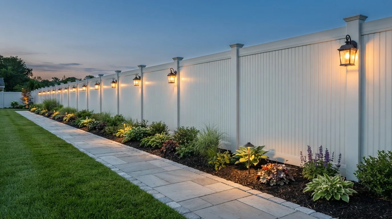Twilight Garden Glow — white fence painted in Frothy Surf