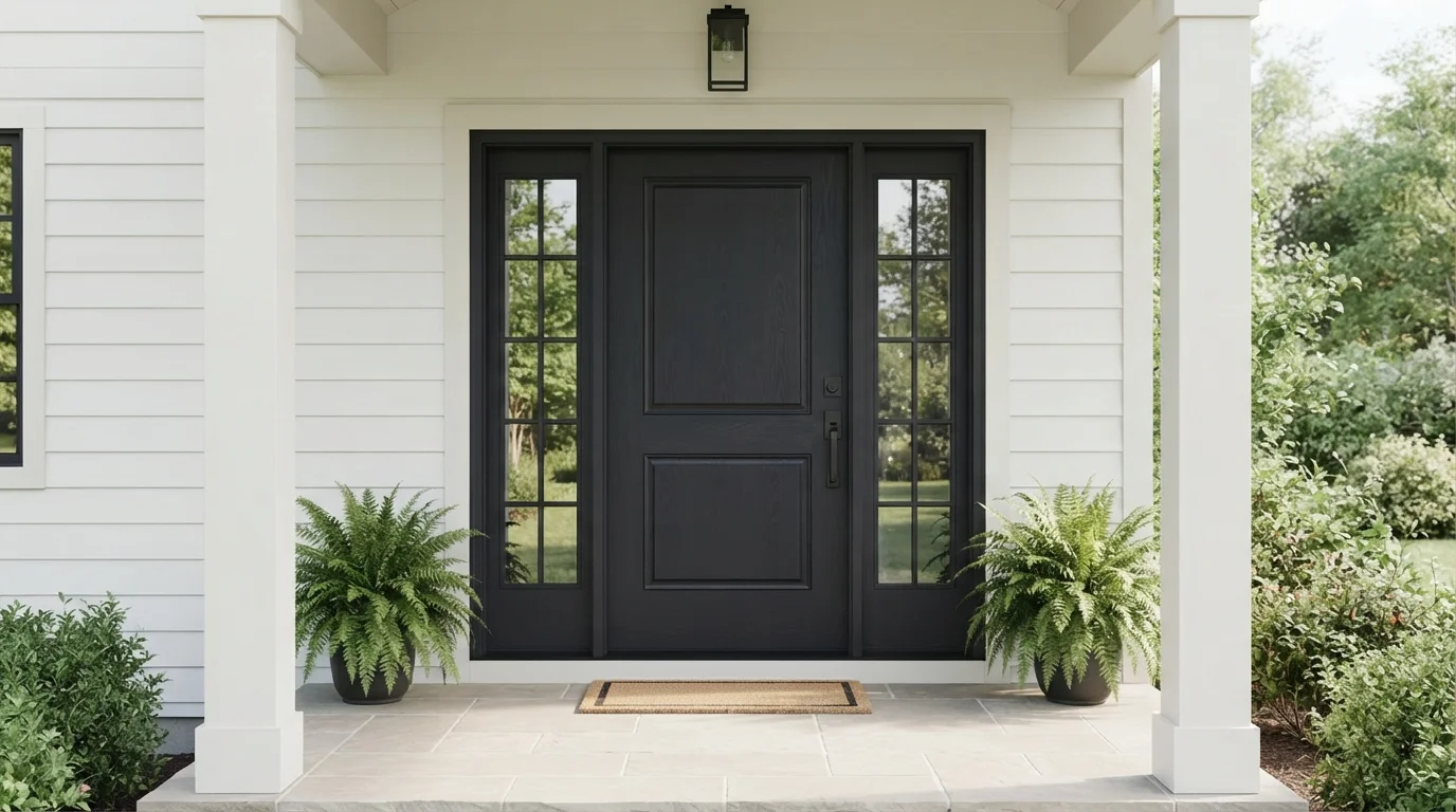 Crisp Charcoal Entry — black front door painted in Tuxedo