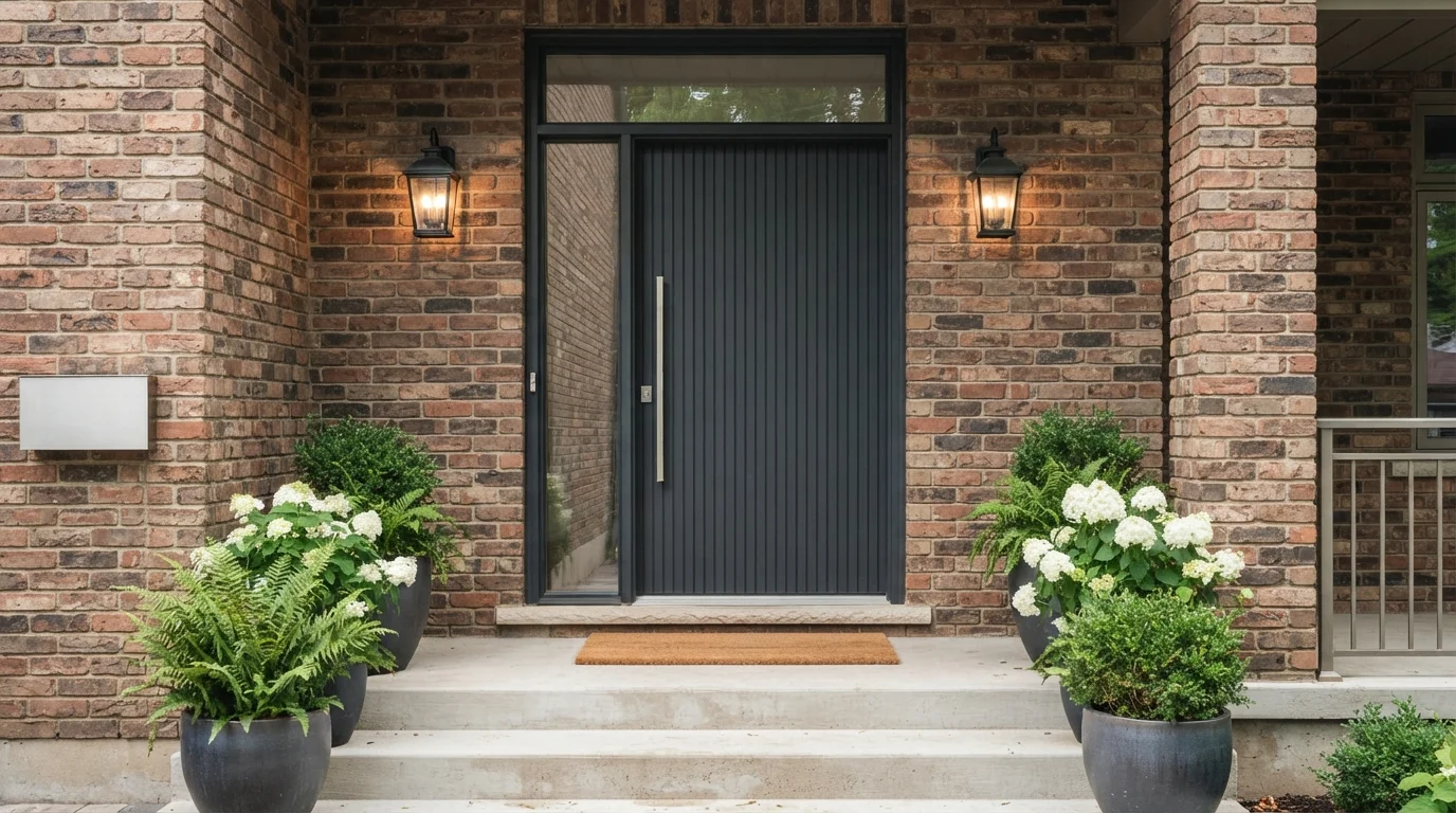 Charcoal Slat Entrance — black front door painted in Deep Space Echo