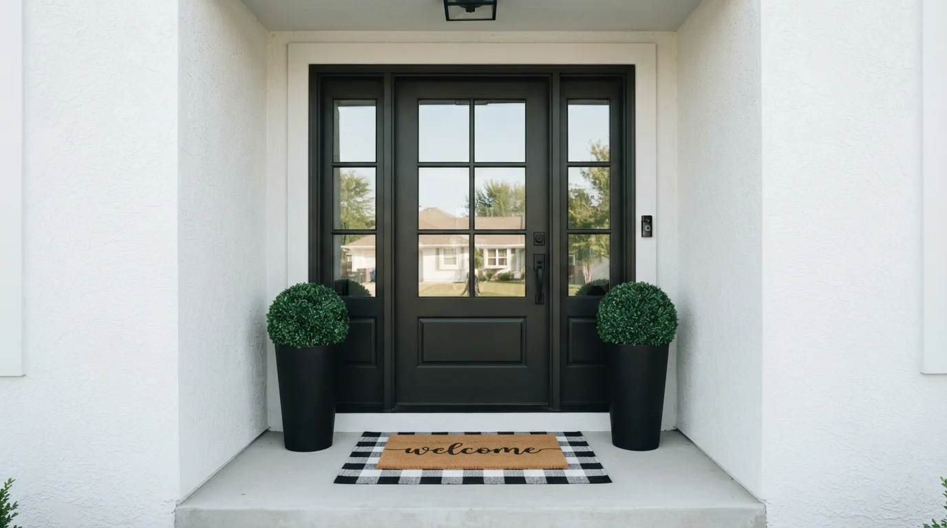 Matte Charcoal Entrance — black front door painted in Factory Black