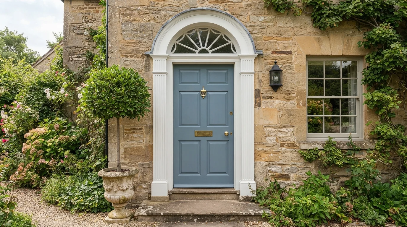 Slate Cottage Entry — blue front door painted in American Anthem