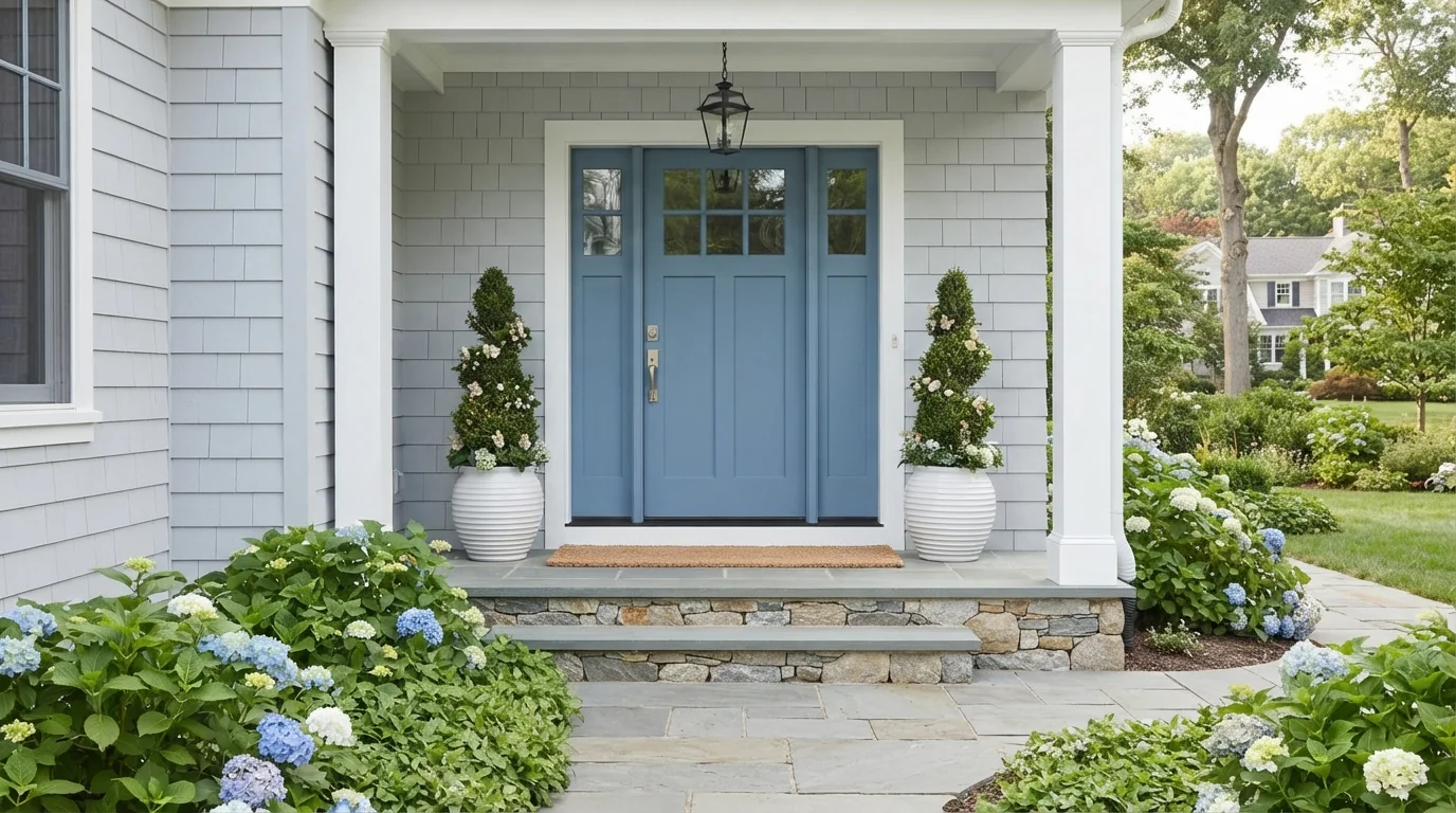 Coastal Slate Entry — blue front door painted in Blue Moon