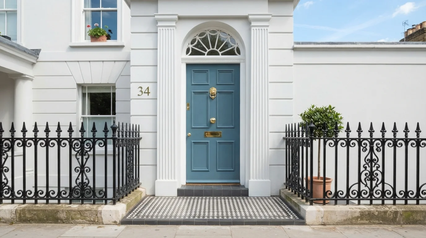 Heritage Slate Entryway — blue front door painted in Persian Turquoise