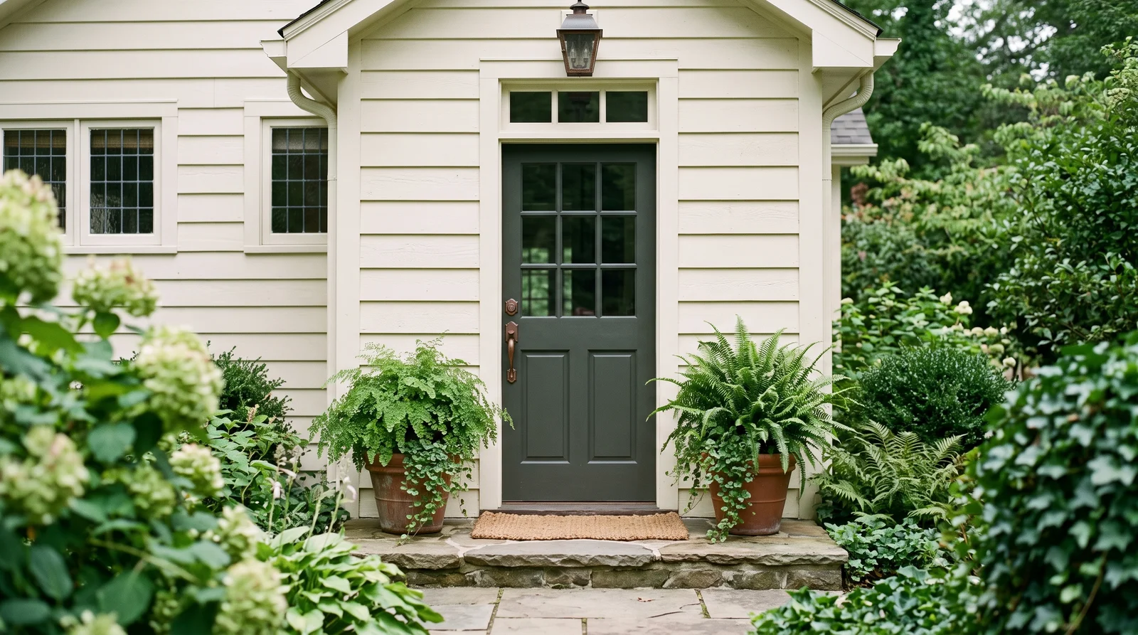warm, muted greens — trending front door colors 2026