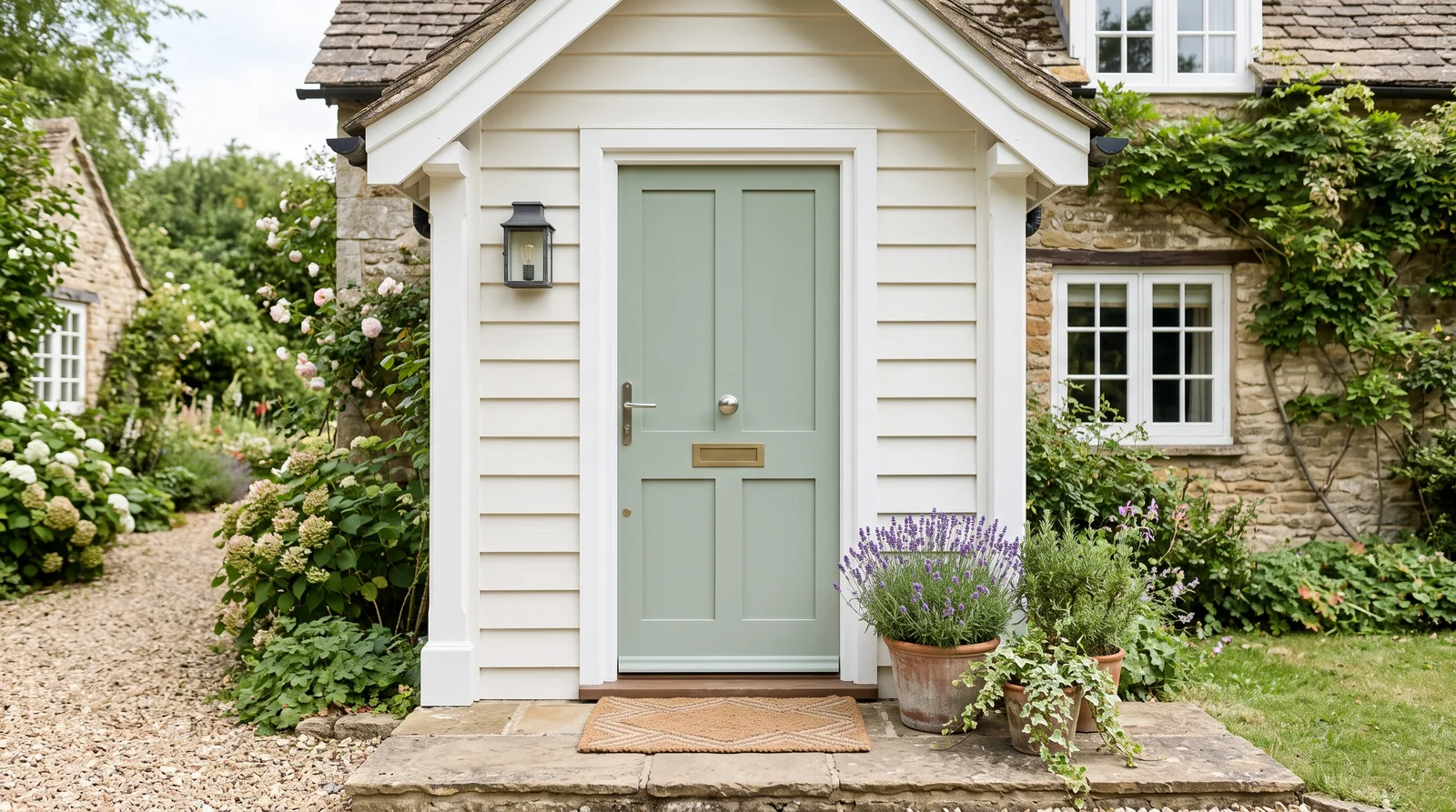 Quiet Sage Cottage — front door painted in Evergreen Fog