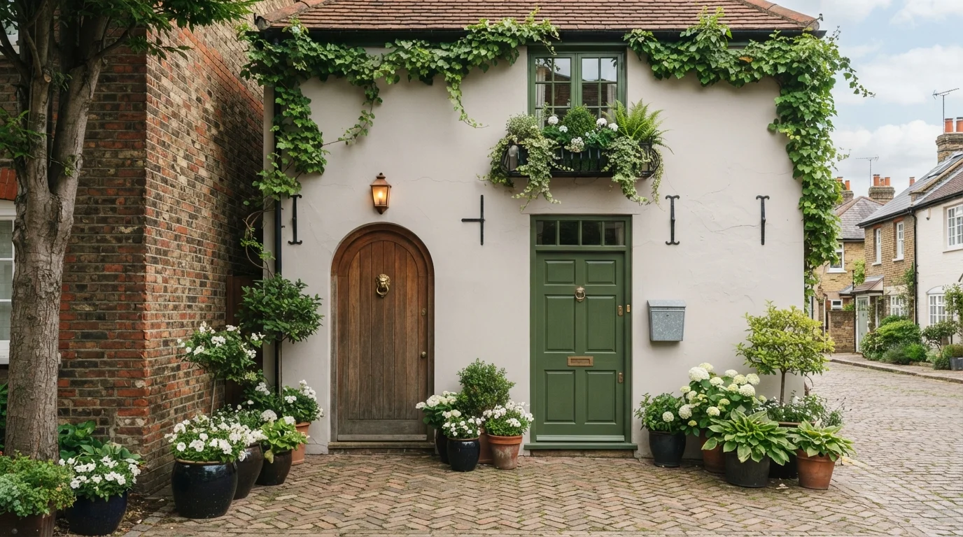 Moss Green Cottage — green front door painted in Inland