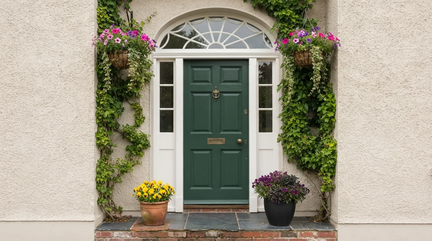 English Garden Entryway — green front door painted in Sycamore Tree