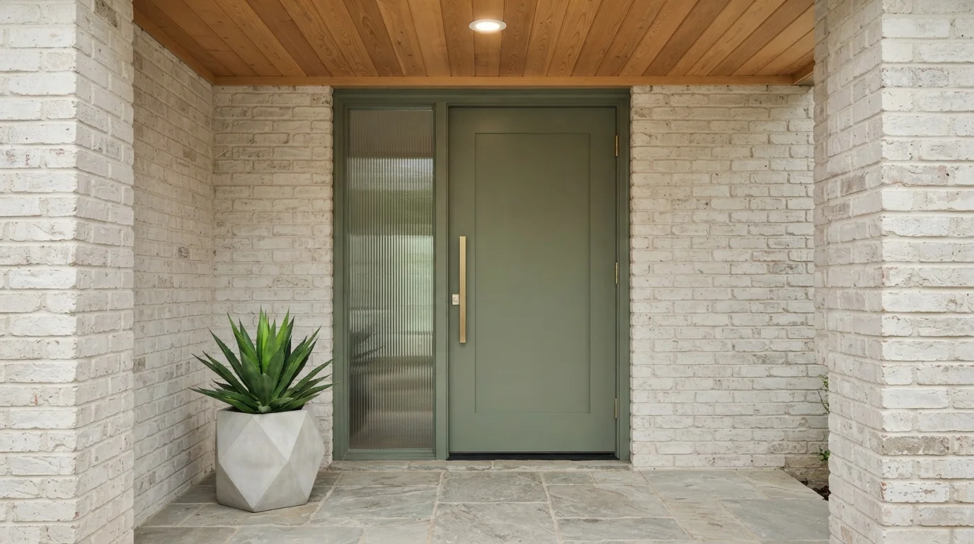Modern Sage Entry — green front door painted in Pinelands