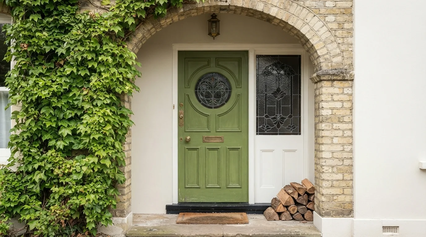 Vintage Botanical Entry — green front door painted in Yogi
