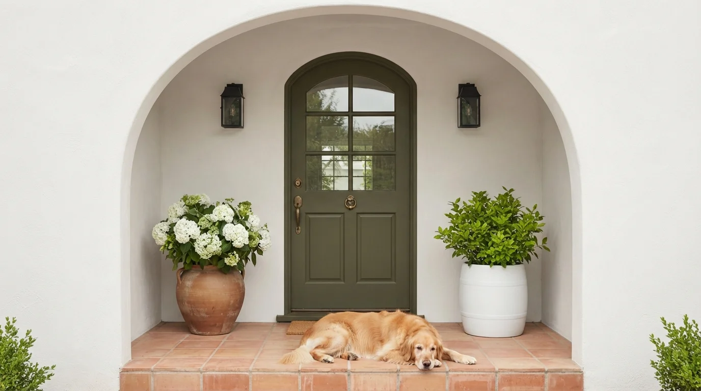 Spanish Olive Entry — green front door painted in Secret Garden