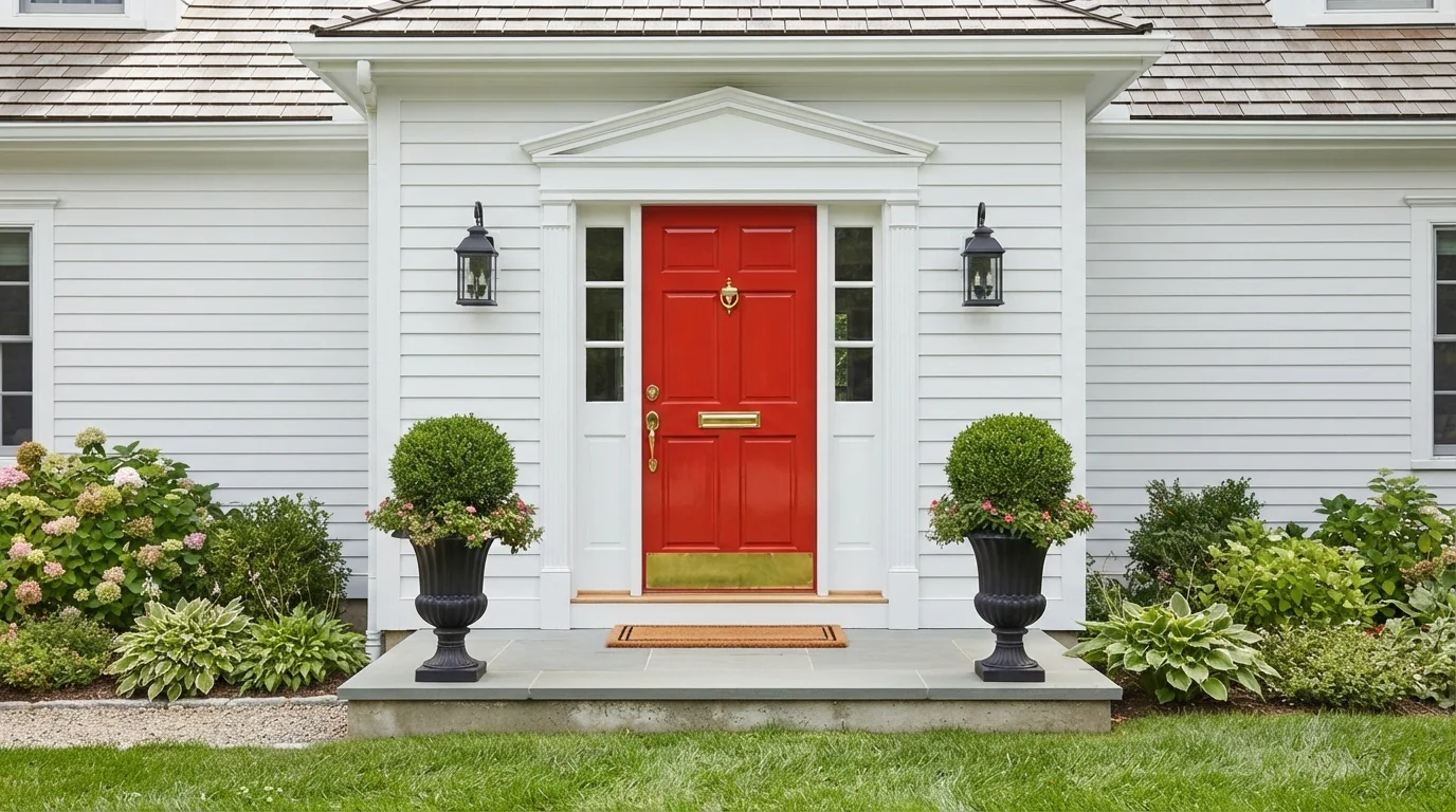 Classic Red Entryway — red front door painted in Fire Island