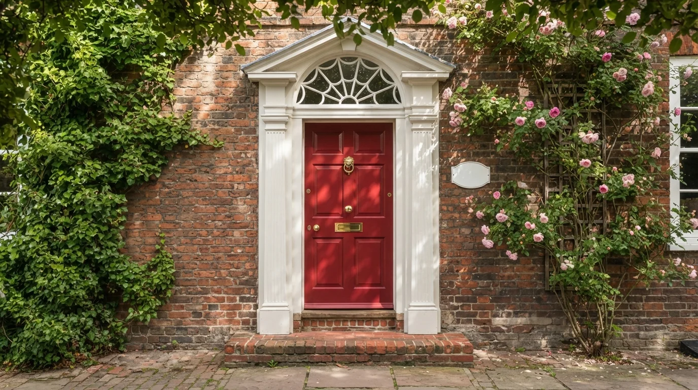 Classic Crimson Entrance — red front door painted in Stiletto Love