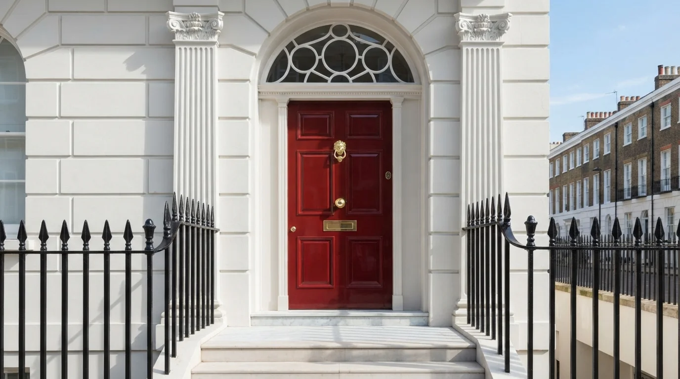 High-Gloss Ruby Entry — red front door painted in Poppy Flower
