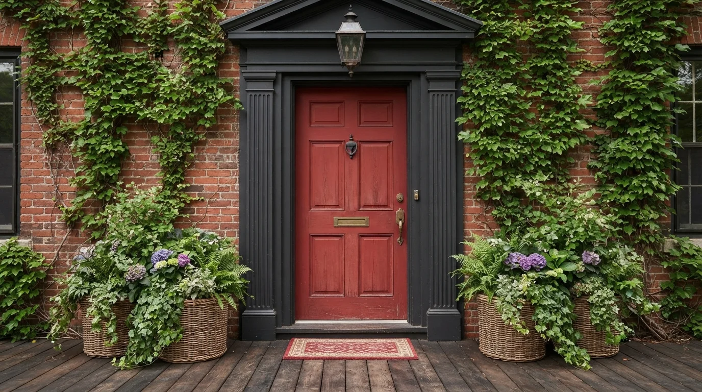 Crimson Heritage Entrance — red front door painted in Cardinal