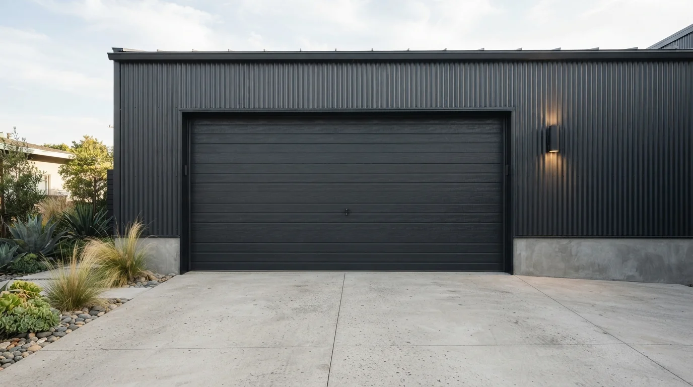 Industrial Matte Charcoal — black garage door painted in Tuxedo