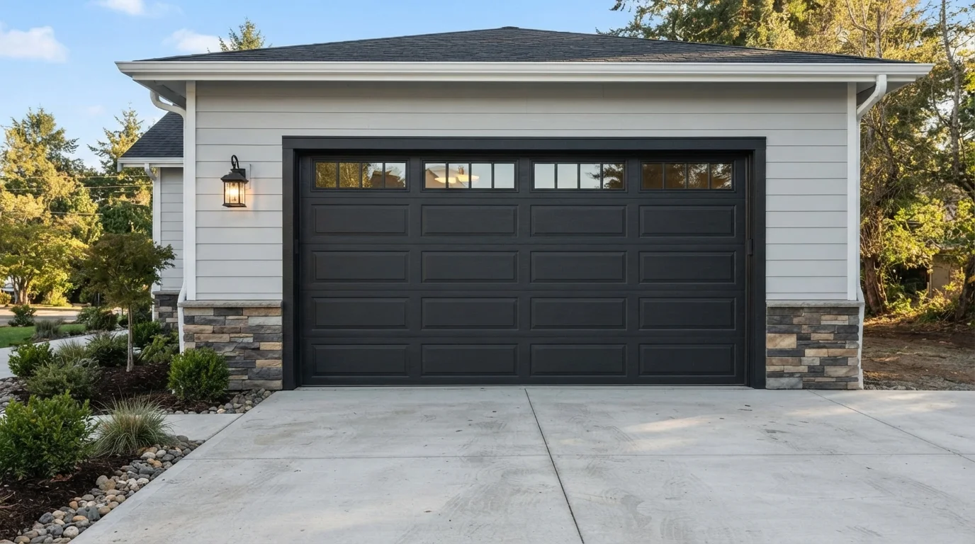 Modern Charcoal Garage — black garage door painted in Dark Kettle Black