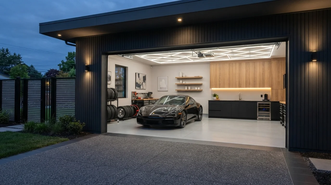 Charcoal Slat Showroom — black garage door painted in Abalone Shell