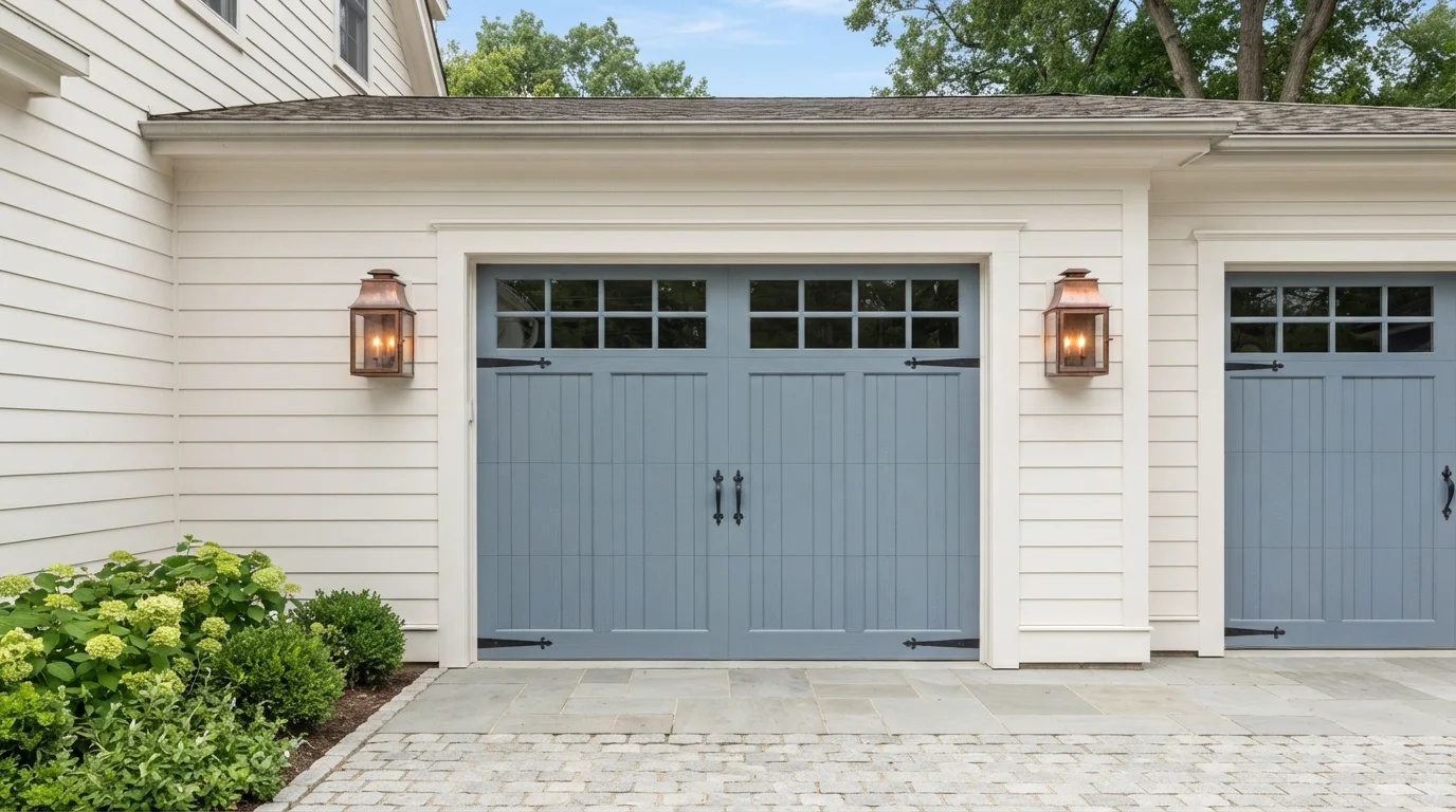 Coastal Blue Garage — blue garage door painted in Kaleidoscope