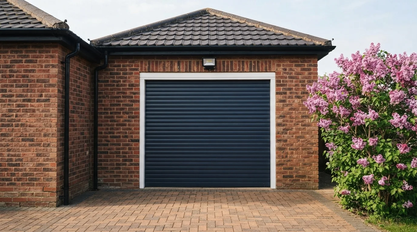 Navy and Brick — blue garage door painted in Starry Sky