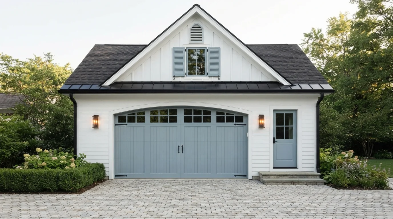 Coastal Cottage Blue — blue garage door painted in Windsurf