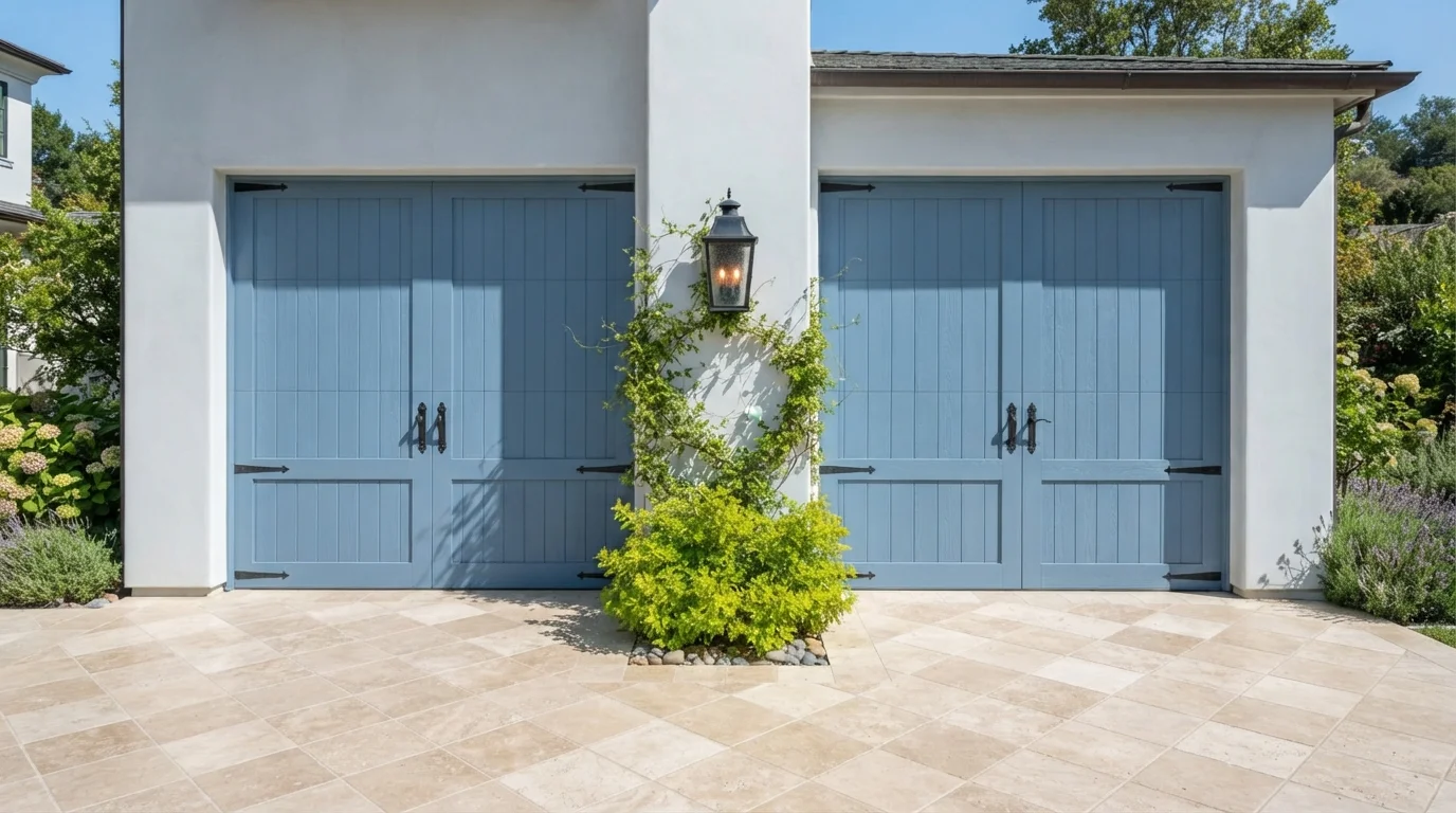 Coastal Cottage Charm — blue garage door painted in Lazy Sunday